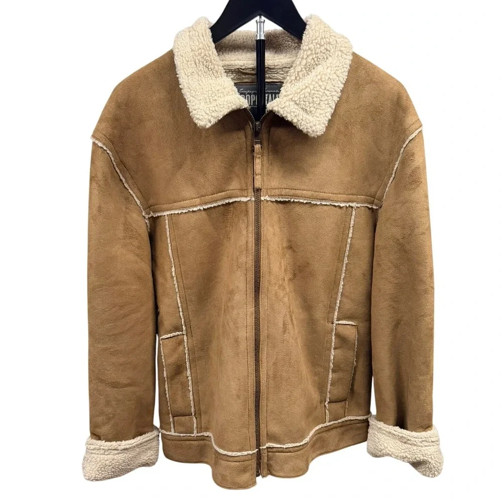 Aero VIntage Y2K Mens Suede Sherpa Lined Aviator Jacket Tan Brown Full Zip Large
